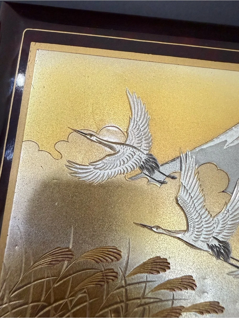 Vintage Japanese Lacquer Chokin Landscape Mt Fuji Flying Cranes Music Box Sakura